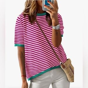 Dokotoo Casual Summer Crewneck Short Sleeve Striped Knit High Low Sweater